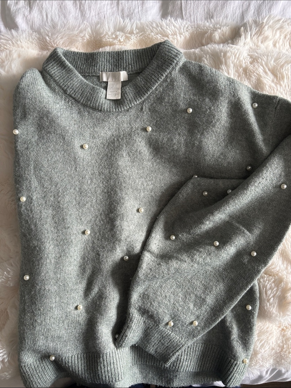 H&M Gray Crewneck Sweater with Pearl Accents